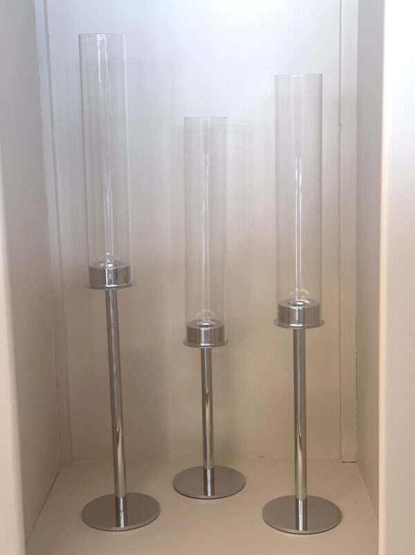 Set of 3 Hurricane candle holders with glass cylinder silver